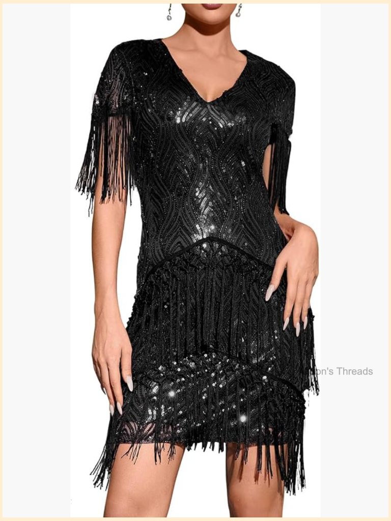 Vintage Cap Sleeve Sequin Fringe Flapper Midi Dress